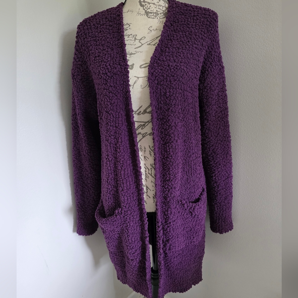 Purple chunky knit size medium long cardigan soft sweater pockets